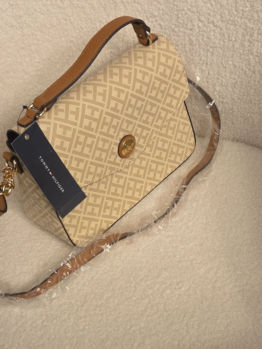 Tommy Hilfiger Cream Logo Satchel with Gold-Tone Medallion